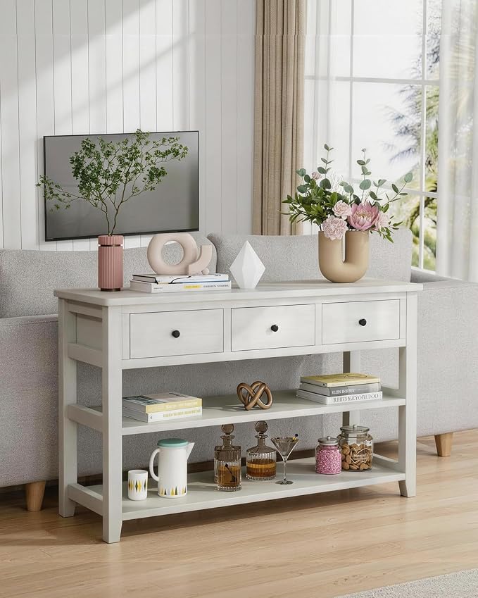 Karl home Console Table Entryway Desk, Sofa Side Table with 3 Drawers 2 Bottom Storage Shelves, Vintage TV Stand for Hallway Living Room Office, Antique White 29.9" H