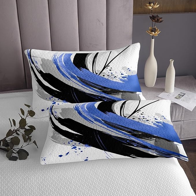 Erosebridal Black and Blue Kids Coverlet Set | Modern Geometric Striped Quilt Set for Boys Girls Contemporary Watercolor Graffiti Bedspread Sets Boho Minimalist Aesthetic Art Quilts Queen 3 Pieces