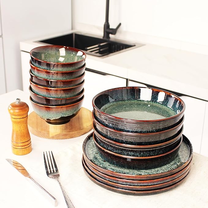Dinner Set 12 Pieces - Round Reactive Glaze Tableware - Kitchen Dinnerware Porcelain Crockery with Dinner Plate, Bowl and Soup Plate Service for 4, Microwave Dishwasher Safe, Set (No.4)
