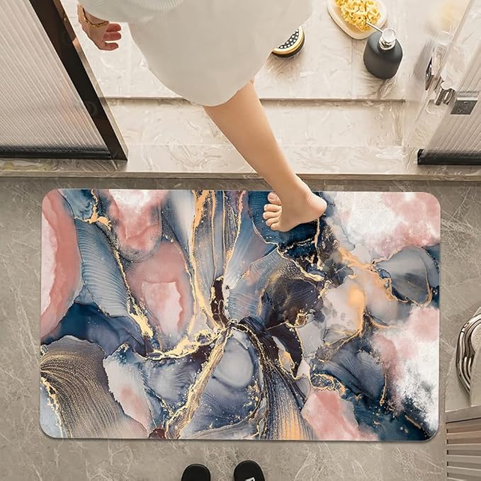 Bath Mat Rug,Pink blue and gold marbleNon Slip Quick Dry Super Absorbent Thin Bathroom Rugs Fit Under Door-Easy to clean Bathroom Floor Mats-Shower Rug for Shower Sink Bathtub(17" x 27.5"In)