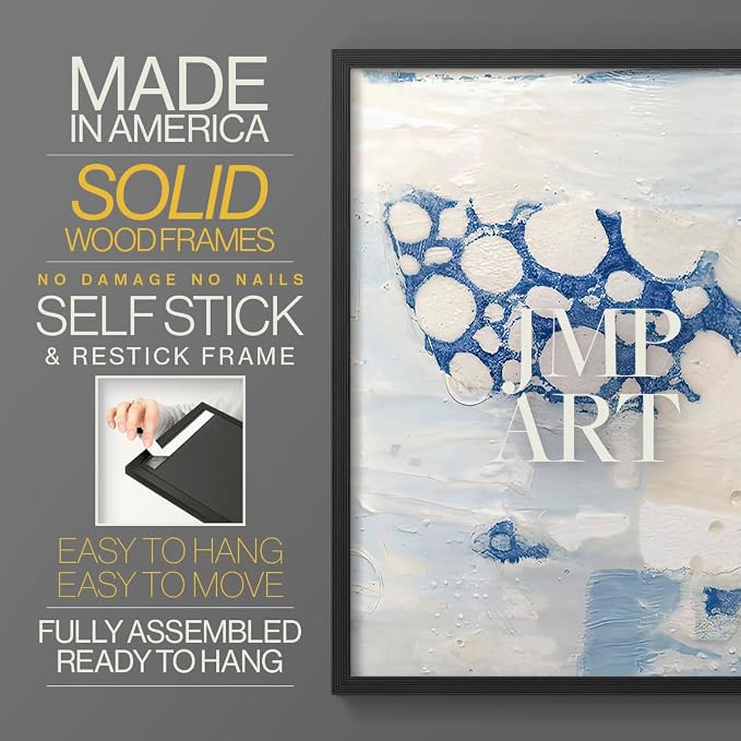 Renditions Gallery Set of 2 Peel & Stick Framed Prints, Textured Abstract Wall Art, White Blue Bubble Like Pattern Wall Decor, Re-Stickable - Ready to Hang - 22"x28" - Black Frame LT588