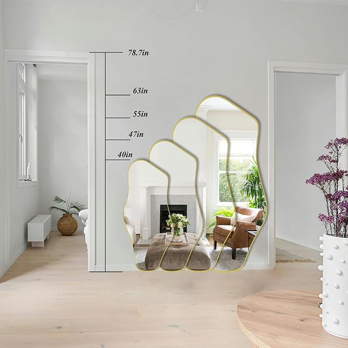 Large Irregular Mirror, 63"x29" Asymmetrical Full Length Mirror with Gold Metal Frame, Unique Shaped Abstract Wall Mirrors for Living Room Dressing Bathroom Bedroom Hallway Entryway