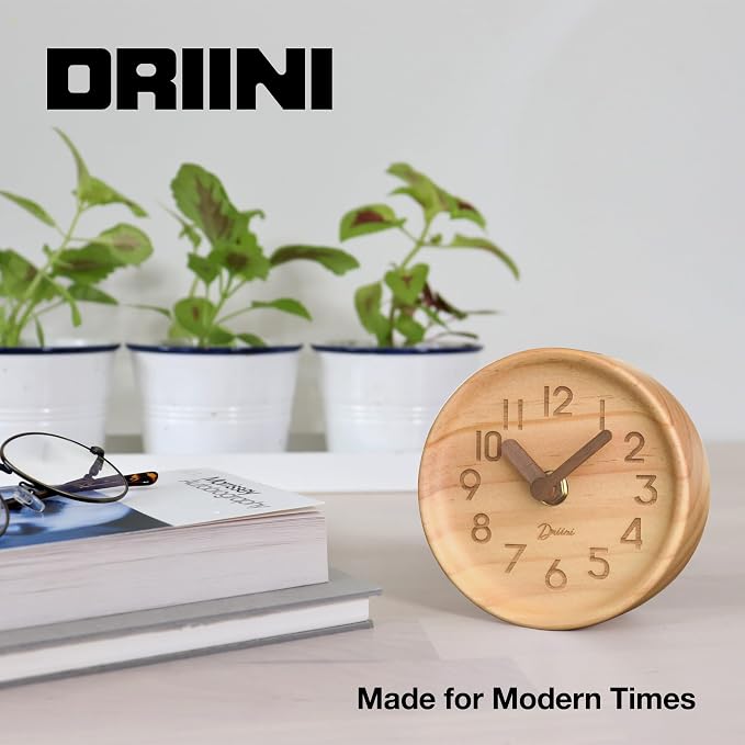 Driini Wooden Analog Desktop Clock – 4.3 in. Decorative Pinewood, No-Tick Design – Easy to Read Silent Sweep Mantle Clock – Quiet Tabletop Clocks with Wood Body, Hands, & Battery Cover; Light