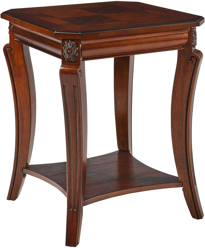 2-Set Solid Wood Side Table with Storage Shelf, 2-Tier Square End Tables Living Room, Traditional Style End Table, Vintage Beside Table with Curved Legs and Printed Tabletop, Cherry Walnut 1168WD