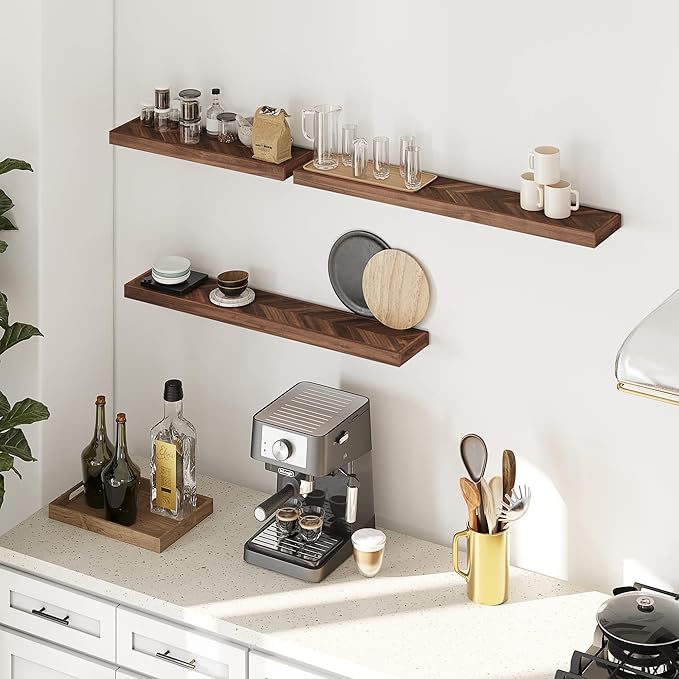 24" Acacia Chevron Floating Shelves Set of 2 - Wall Mounted Wooden Shelf for Stylish Home Dรฉcor - Walnut Color - 24x6.7x1.5 Inches