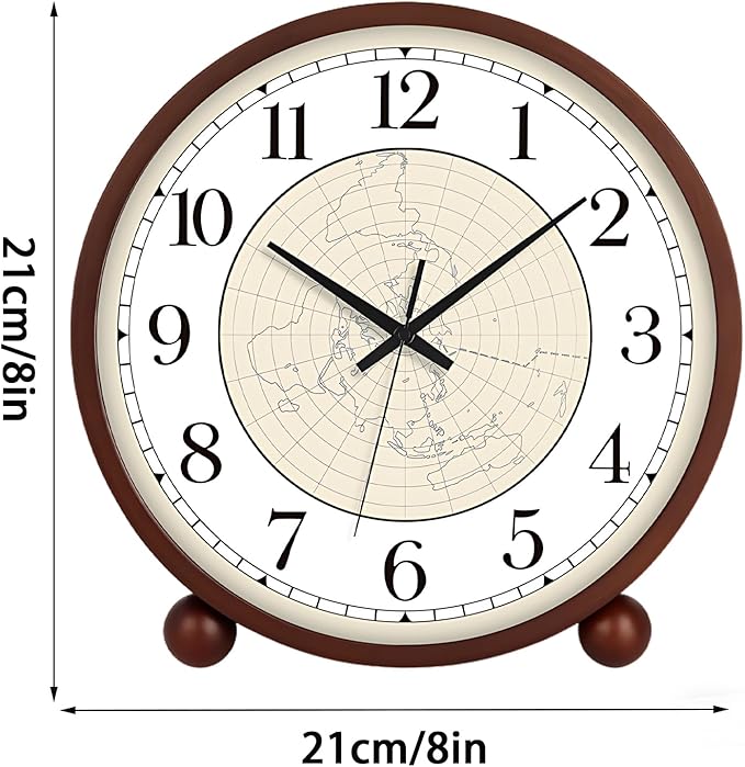 Maxspace Wooden Table Clock,8in Silent Non-Ticking Desk Clock,Battery Operated Desktop Analog Clock for Living Room Bedroom Kitchen Office Classroom Decor (Walnut - Map)
