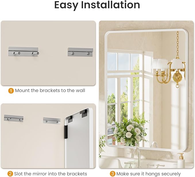 22x30 inch White Bathroom Mirror, White Metal Framed Rounded Rectangle Wall Mount Vanity Mirror, HD Tempered Glass, Aluminum Frame, Horizontal or Vertical Hanging, Modern Home Decor