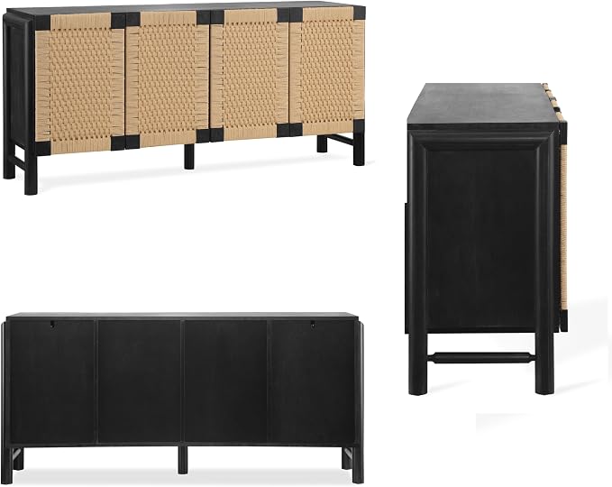 Modern Farmhouse Sideboard Buffet Cabinet 65.6’’ Boho Credenza Coffee Bar Console with Handwoven Paper Rope Doors, Storage Accent Cabinet for Living Room, Hallway & Kitchen, Black