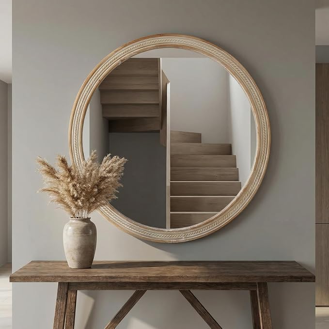 23.62'' Rustic Modern Round Wall Mirror with Rattan Textured & Pre-Installed Hanging, Decorative Mirror with Large Reflective Surface for Bathroom Bedroom Living Room, Natural
