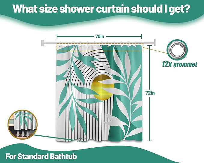 Boho Aqua Shower Curtain, Mid Century Modern Teal Blue Shower Curtains for Bathroom Waterproof Cloth Fabric with Hooks, 70" W x 72" L