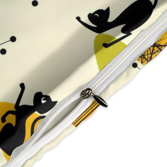 Geometry Modern Comforter Set,Mid Century Black Cat Abstract Atomic Geometric Vintage 1950s 1960s Pattern Print Yellow Bedding Set with Pillowcase for Bedroom Bed Decor,Full 79"x90"