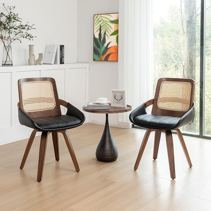 Set of 4 Kitchen & Dining Room Chairs - Swivel Dining Chairs with Cane Back, Walnut Bentwood Frame, Faux Leather Seat, Arms, Versatile for Conference/Kitchen/Restaurant/Living Room (Walnut Black)