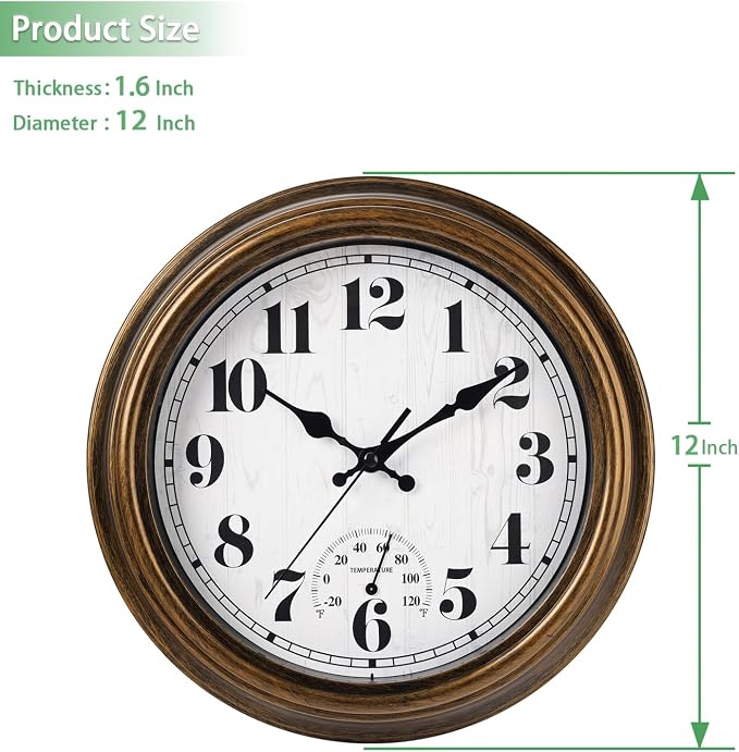 45MinST 12 Inch Indoor/Outdoor Retro Round Waterproof Wall Clock with Thermometer, Silent Non-Ticking Battery Operated Quality Quartz Wall Clock Home/Patio Decor(Bronze)