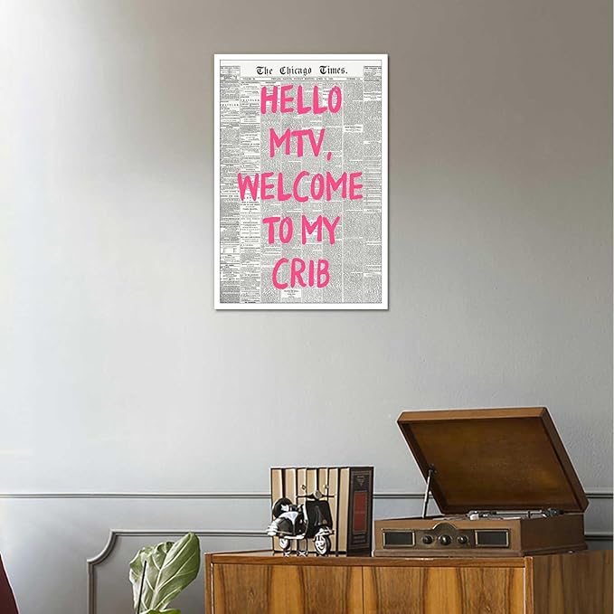 Drimiler Retro Hello Mtv Welcome To My Crib Posters Pink Font Newspaper Canvas Wall Art Positive Affirming 70'S Room Aesthetic Prints Painting For Home Bedroom Dorm Wall Decor 16x24in Unframed