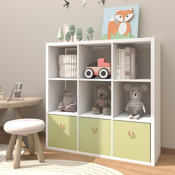 Endearing Limons【2026 Wooden Thick Border 9 Cube Shelf Storage Organizer with Anti-Tipping Kits + Reversible Open Back Bookcase (11 x 11 Unit Cell White)
