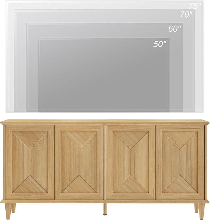 WAMPAT 65-inch Handcrafted Patchwork Decorative Buffet Cabinet with Pop-Up Design Doors,Full Unit Modern Modern Farmhouse Accent Credenza for Coffee Bar, Kitchen, and Living Room, Natural Oak