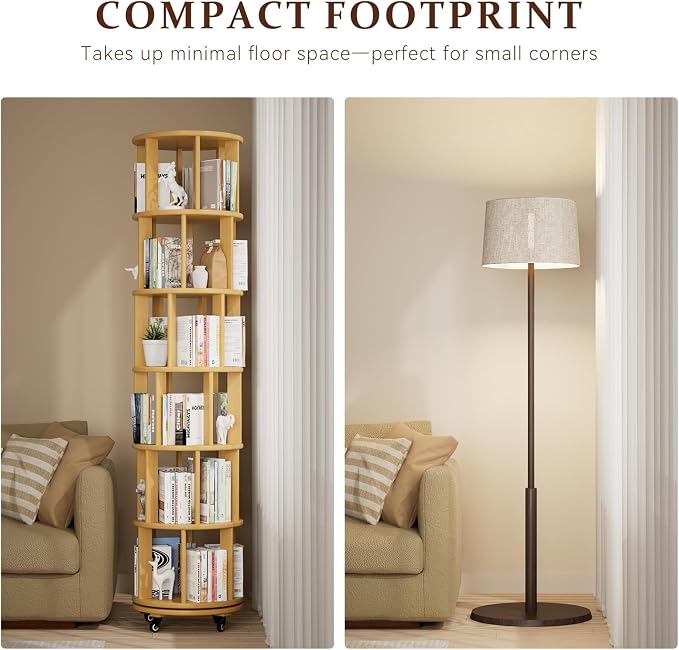 6 Tier Rotating Solid Wood Bookshelf, Corner Small Bookshelf Lazy Susan Organizer,Circular Rotating Spinning Bookshelf on Wheels, Revolving 360° Bookshelf for Small Spaces for Bedroom Natural