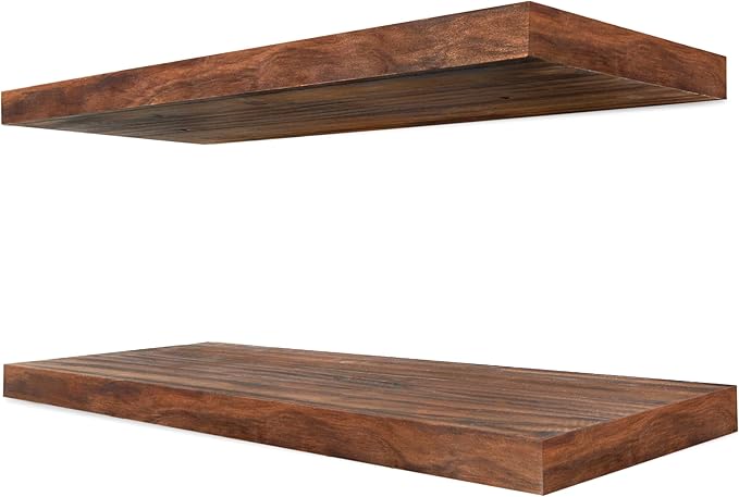 Sorbus Wood Floating Shelves for Wall - 16” Solid Wood Wall Shelves for Bathroom Decor, Books, Bedroom & Living Room - Set of 2 Walnut Wall Mounted Kitchen Shelves - Durable Solid Pine