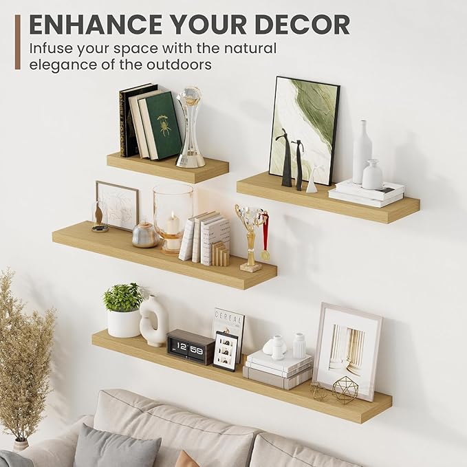 55 Inch Floating Shelves, 8 Inch Deep Floating Shelves for Wall, Hanging Shelf with Invisible Brackets, Deep Shelves for Bathroom, Bedroom, Living Room, Oak, Set of 1