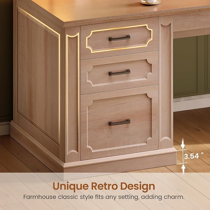 SEDETA 67" Farmhouse Desk with Hutch, L Shaped Office Desk with 4 Drawers & Storage Cabinet, Executive Corner Computer Desk with Sliding Doors, File Drawer & Power Outlet for Home Office, Oak