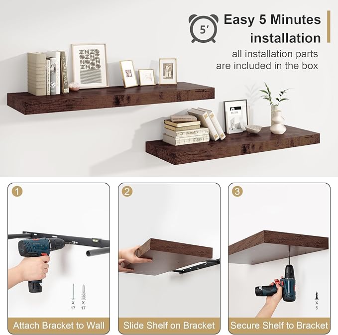 Heimlove 12" Deep Floating Shelves for Wall Shelf Over Toilet Wall Mounted Farmhouse Long 55 inches Set of 1, Farmhouse Shelves with Invisible Brackets for Living Room, Kitchen, Bedroom,Rustic Brown