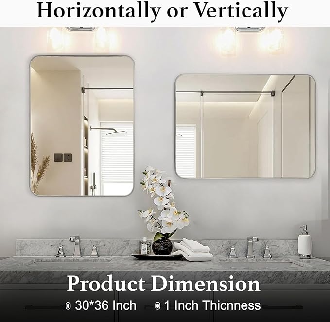 Bathroom Mirror Brushed Nickel, 30 x 36 Inch Metal Frame Rectangle Mirror Rounded Silver Modern Vanity Mirror Anti-Rust for Bathroom, Farmhouse Wall Mounted Vertically/Horizontally