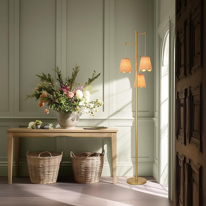 Boho Rattan Floor Lamp, 3-Lights Tree Tall Standing Lamp with Flower Shades Antique Brass Brush Paint Finish for Dining Room, Living Room, Bedroom
