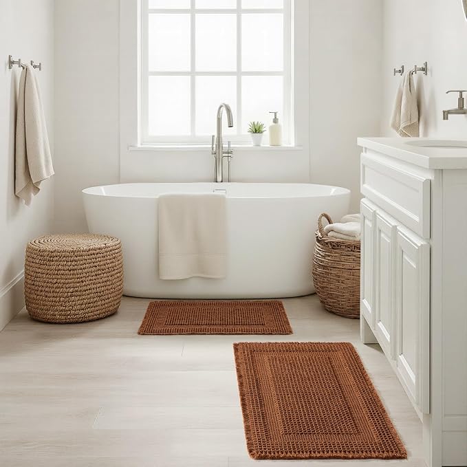MIULEE Set of 2 Waffle Bathroom Rugs, Terracotta Boho Bath Rug Super Absorbent, Non Slip Washable Ultra Soft Rubber Backed Shower Bath Mats for Floor, Tub, Shower, Looped Design, Caramel, 17x24 Inch
