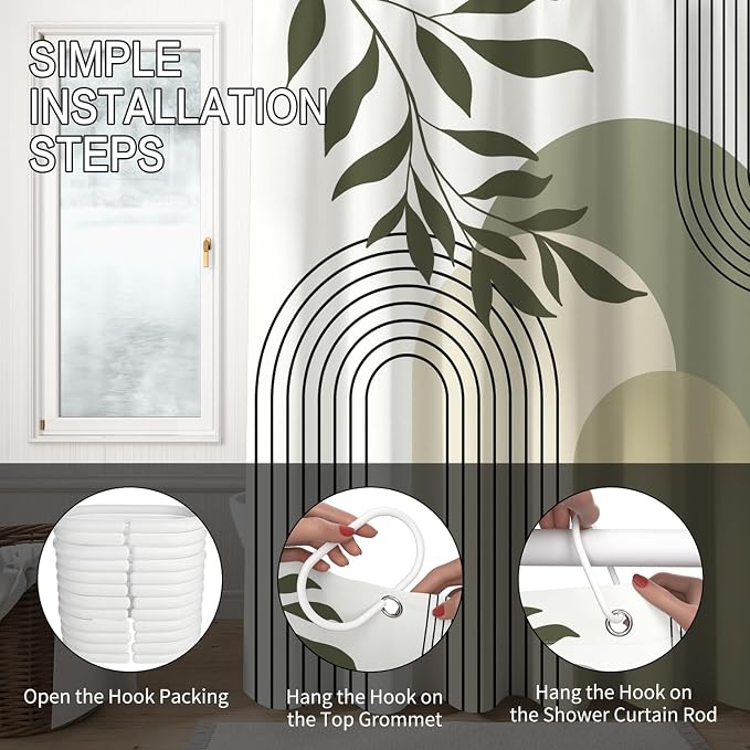 Boho Sage Green Shower Curtain Mid Century Modern Abstract Plant Botanical Bathroom Curtain Minimalist Neutral Geometric Arch Bath Decor Polyester Set with Hooks 72x84 inch