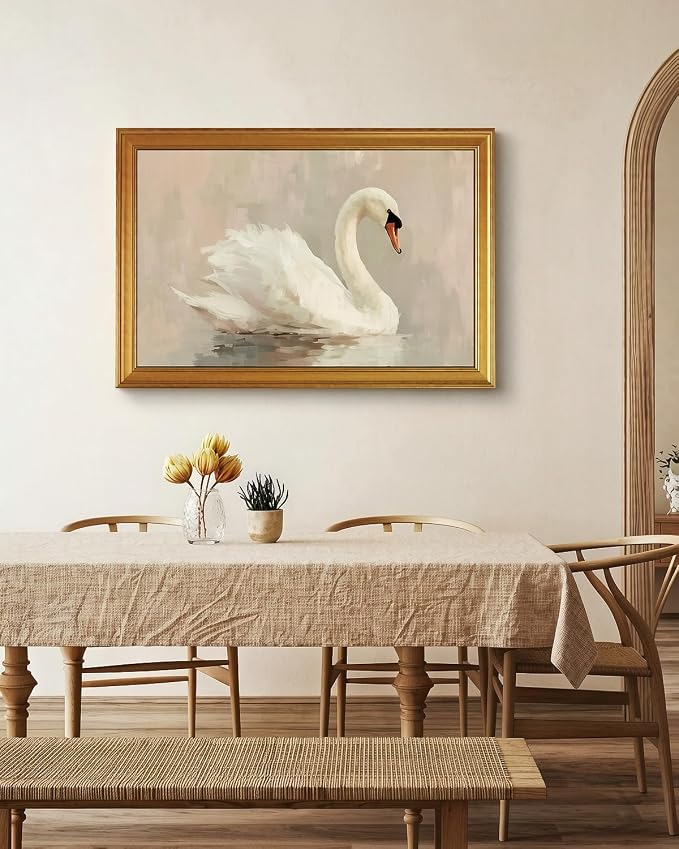 HUARCEY Gold Framed Vintage Wall Art for Living Room, Animals Painting Prints Shelf Decor for Kitchen, Aesthetic Bedroom Wall Art, Best Gifts for Friends or Family - Swan White 36L x 24W