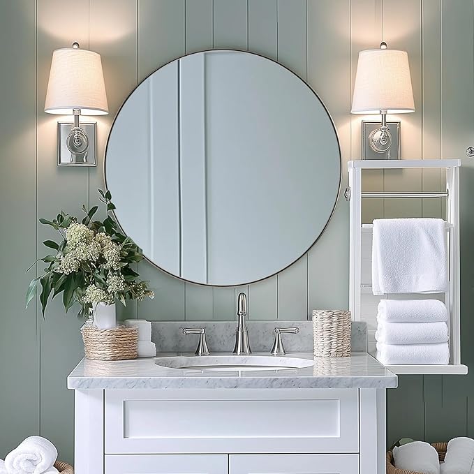 ANDY STAR Round Bathroom Mirror, 24’’ Brushed Silver Round Bathroom Mirrors in Stainless Steel Metal Frame 1" Deep Set Design