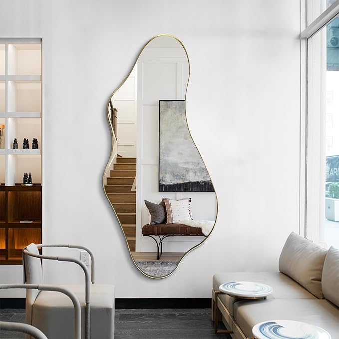Large Irregular Mirror, 55"x25.6" Asymmetrical Mirrors with Gold Metal Frame, Modern Unique Shaped Abstract Mirror for Living Room Bathroom Bedroom Entryway, Hangs Horizontal Or Vertical
