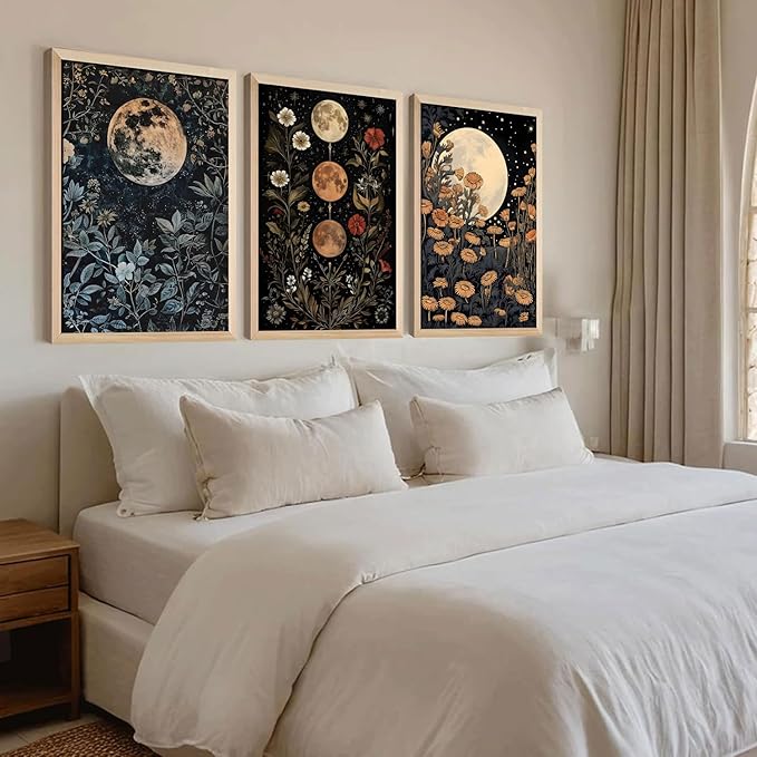 3Pcs Framed Moon Phase Plant Wall Art Canvas Retro Moon Flower Decoration Print Poster Picture Celestial Aesthetic Wall Printing Artwork Bedroom Living Room Office 12x16 Inche