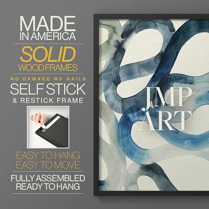 Renditions Gallery Set of 2 Peel & Stick Framed Prints, Watercolor Abstract Wall Art, Aquatic Water and Sand Strokes Wall Decor, Re-Stickable - Ready to Hang - 22"x28" - Black Frame LT588