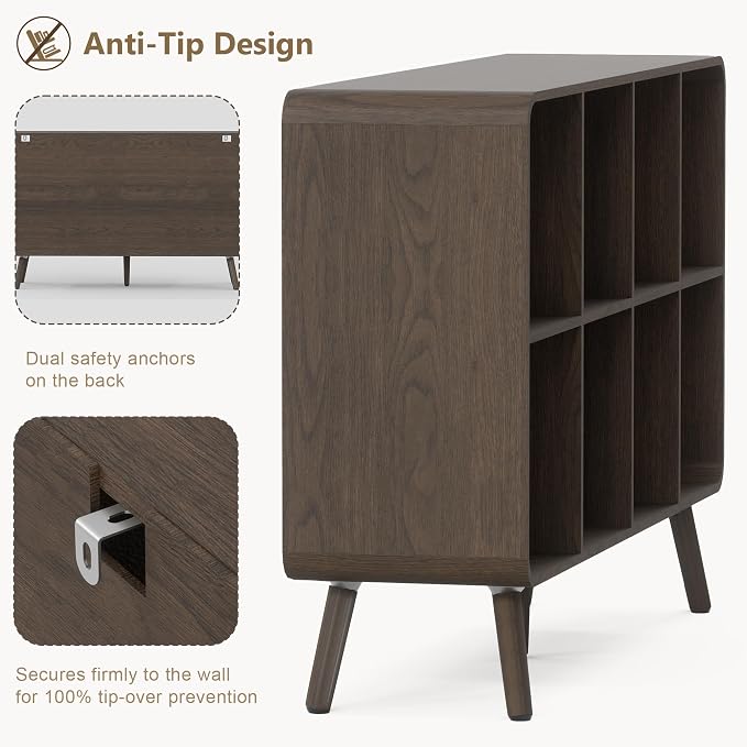 YOSHOOT 8 Cube Bookshelf - 46.5" Wood Cube Bookcase with Legs, Open Cubby Bookshelves with Curved Profile Design for Bedroom, Living Room,Home Office, Walnut