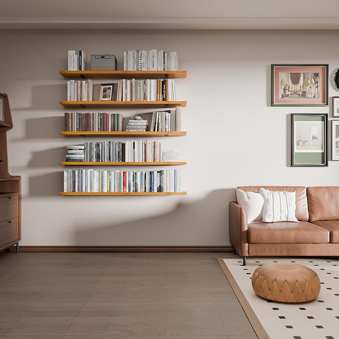 5 Tier Book Shelf,48 inch Long Floating Shelf for Wall,Wall Mounted Bookshelf for Books/Lego/Plants,Solid Wood Adjustable Bookcase
