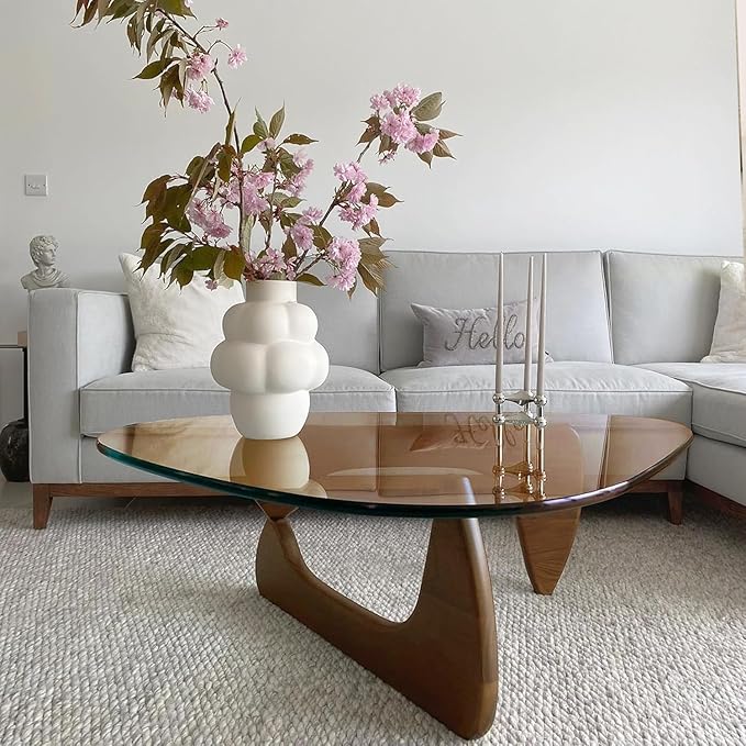 Glass Coffee Table, Triangle Coffee Table for Small Space, 35.8" Mid Century Modern Center Tables w/Tempered Glass Tabletop & Solid Legs, for Living Room Home Office, Unique