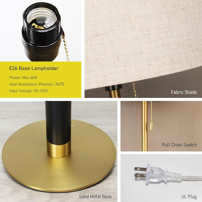 26.4" Set 2 Pull Chain Table Lamp Modern Mid Century Bedside Lamps for Living Room End Tables 3-Color Light for Bedroom, Solid Wood/Metal/Fabric Lamp for Home/Office/Desk (Light Brown+Brass)
