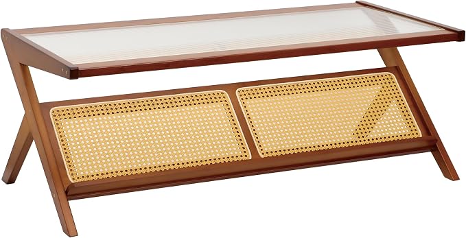 Bamboo Coffee Table, Accent Rattan Coffee Table with Glass Top, Mid-Century Wooden Center Tables, Modern Sofa Side Tea Tables with Storage for Living Room, Walnut