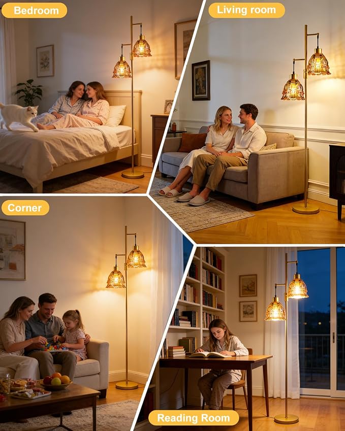2-Light Modern Glass Floor Lamp, Gold Tall Standing Lamp with Amber Lace Glass Shade for Reading, Dimmable LED Floor Lamp with 5Lbs Heavy Base for Living Room Bedroom Home Decor, Bulb Included