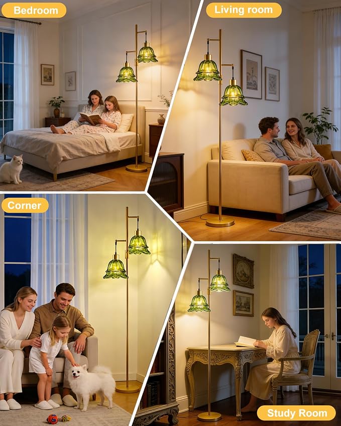 2-Light Modern Glass Floor Lamp, Gold Tall Standing Lamp with Green Tulip Glass Shade for Reading, Dimmable LED Floor Lamp with Rotary Switch for Living Room Bedroom Home Decor, Bulb Included