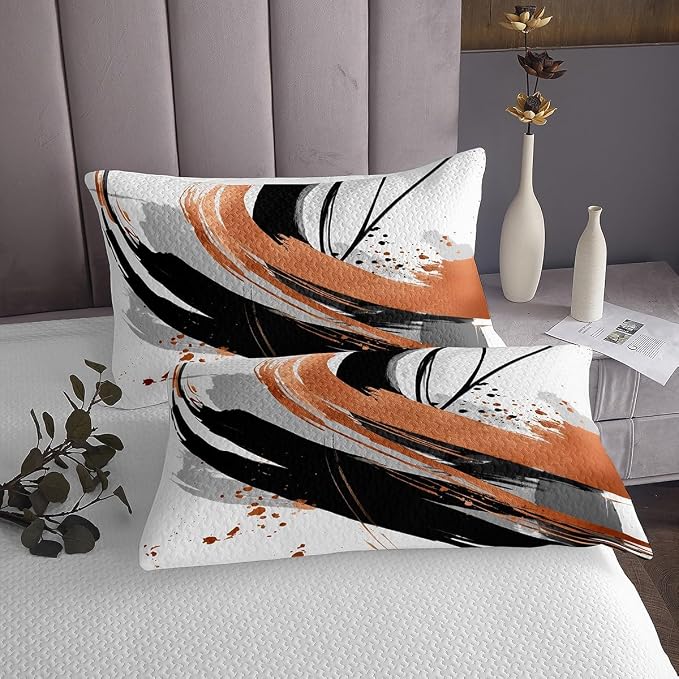 Erosebridal Black Burnt Orange Quilt Set Queen - Modern Geometric Decorative Abstract Coverlet Set Striped Bed Sets for Boys Adults Girls Minimalist Graffiti Aesthetic Lines Bedding Sets