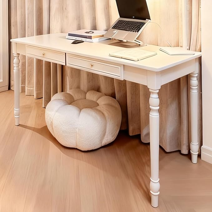 Solid Wood French Country Desk,Writing Desk with Storage Drawers,Farmhouse Computer Table Makeup Table Modern Simple Style,for Home Office Living Room Study Workspace Bedroom (White, 47.2IN)