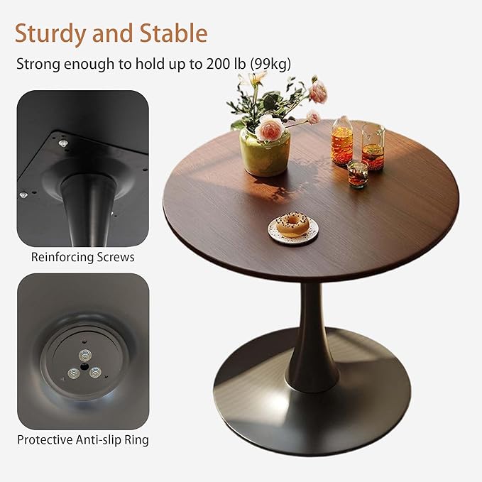 Round Dining Table,24 Inch Tulip Table with Wood Top and Sturdy Metal Pedestal,Mid-Century Leisure Table for Small Space Kitchen Dining Room Living Room,20-Min Easy Assembly