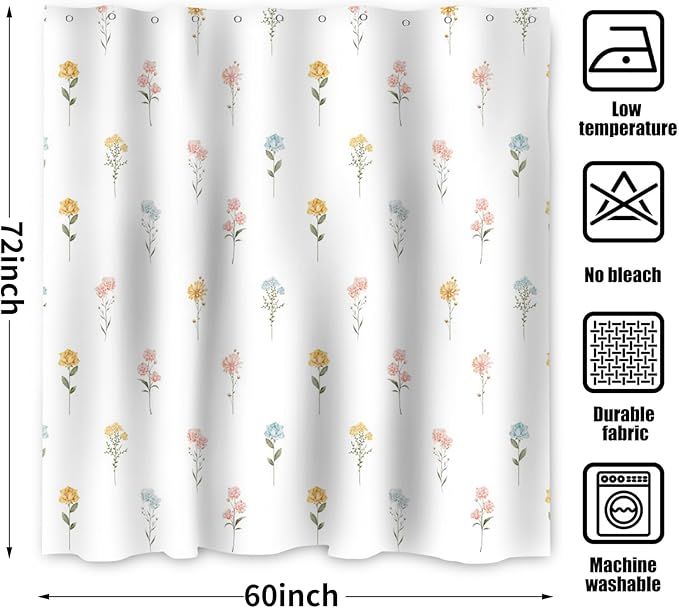 Floral Shower Curtain, Wildflower Botanical Plant Leaves Cute Flower Spring Herbs Elegant Waterproof Fabric Machine Washable for Bathroom Bathtub Decor with Hooks 60Wx72H