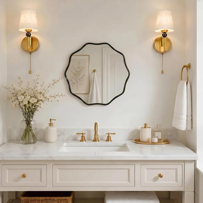 PERFNIQUE Black Scalloped Mirror, 20'' Round Wall Mirrors Wavy Wood Framed for Bathroom Nursery Bedroom Living Room Entryway, Decorative Modern Wall Decor