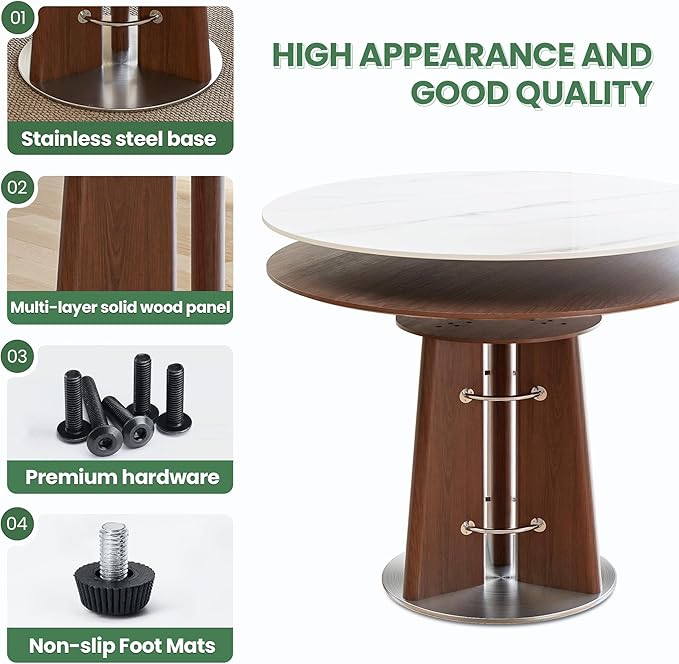 47” Round Dining Table with Solid Wood Base, White Sintered Stone Tabletop, Scratch and Heat Resistant, Modern Marble Table for Kitchen, Dining Room
