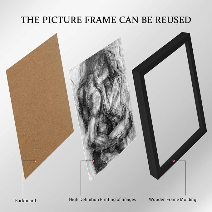 3Pcs Framed Black and White Canvas Wall Art Abstract Nude Prints Couple Modern Gallery Style Painting Pen sketch Posters Decorations Bedroom Living Room Bathroom 16x24 Inch Ready to Hang