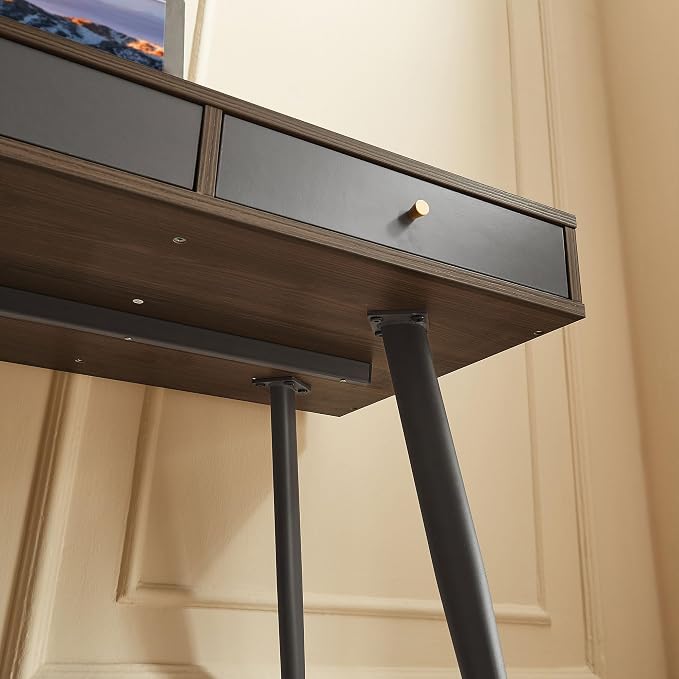 KEVINSPACE Mid Century Desk with Drawers, 47" Modern Home OfficeDesk, Writing StudyDesk ComputerDesk with Metal Legs & 3 Drawers, Multipurpose Vanity TableDesk for Bedroom Office, Walnut&Grey