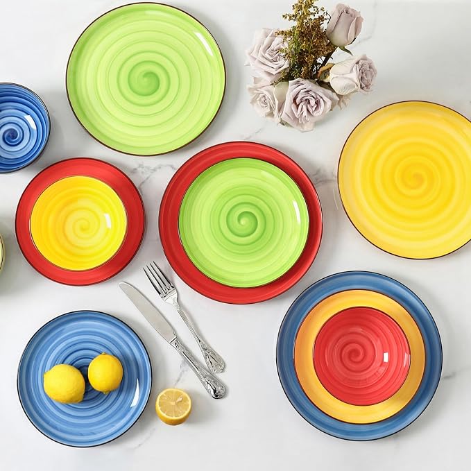 Selamica Ceramic Plates and Bowls Sets,24 Pieces Dinnerware Sets for 6,Scratch Resistant Dish Set for holiday gathering,Dishwasher & Microwave Safe, Dopamine